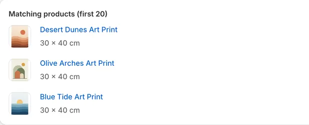 Products & sizes page in the Hangsight admin listing Desert Dunes, Olive Arches and Blue Tide Art Prints, each read as 30 × 40 cm