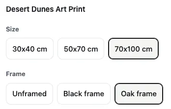 Size choices 30×40, 50×70 and 70×100 cm with 70×100 selected; frame choices Unframed, Black frame and Oak frame with Oak selected