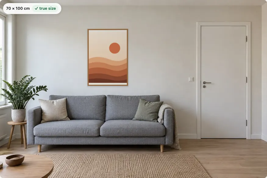 Desert Dunes print in an oak frame above a grey sofa in a sample room, labelled 70 × 100 cm, true size
