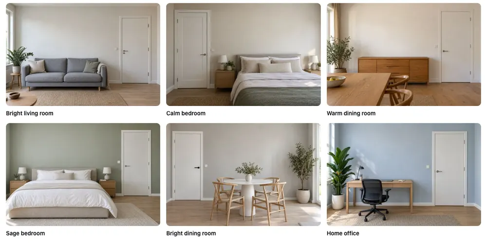 Six sample rooms to choose from: bright living room, calm bedroom, warm dining room, sage bedroom, bright dining room and home office