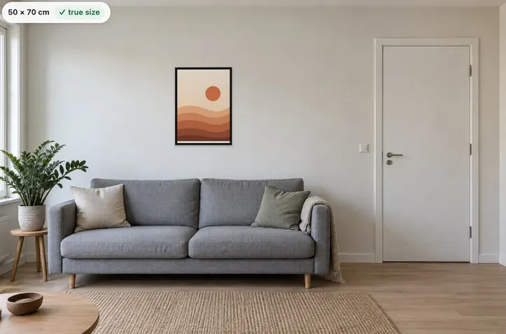 Desert Dunes print at 50 × 70 cm in a black frame above the sofa in the sample room, labelled true size