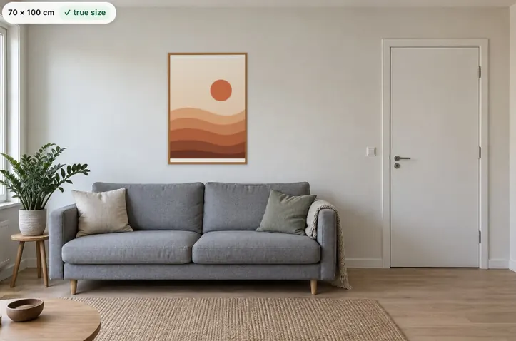 The same print at 70 × 100 cm in an oak frame in the same sample room, labelled true size