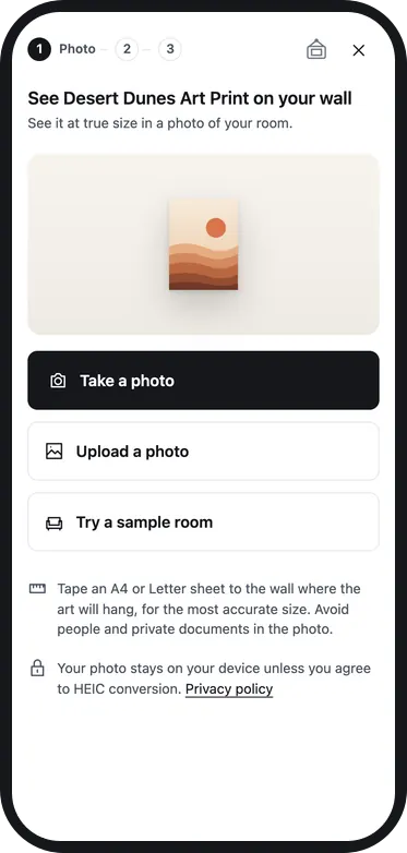 Phone preview, step 1: take a photo, upload a photo or try a sample room