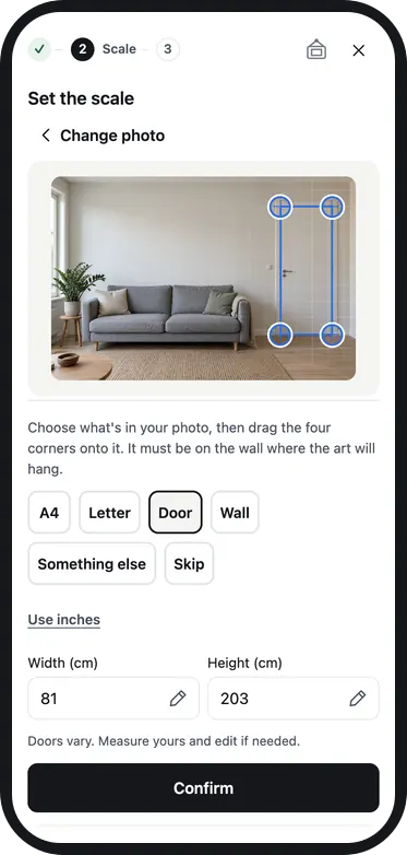 Phone preview, step 2: the four corners of a door marked to set the scale