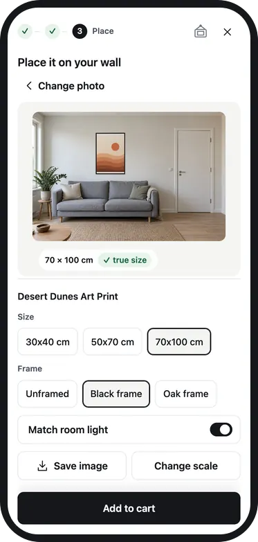 Phone preview, step 3: the print placed at 70 × 100 cm, true size, with size and frame choices and Add to cart